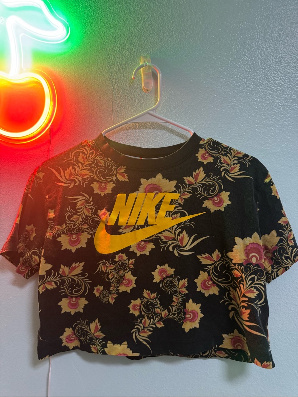 Nike Black Floral Crop Tee with Yellow Logo